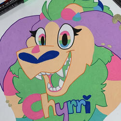 A marker drawing of a colorful furry character